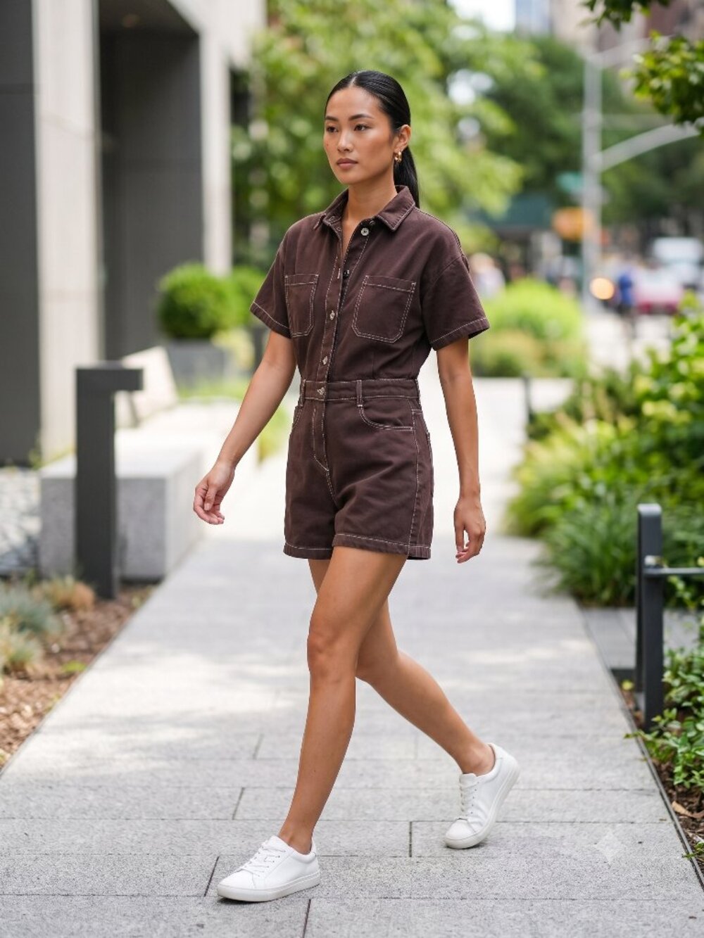 ZARA Brown Denim Short Sleeve Utility Romper Size S